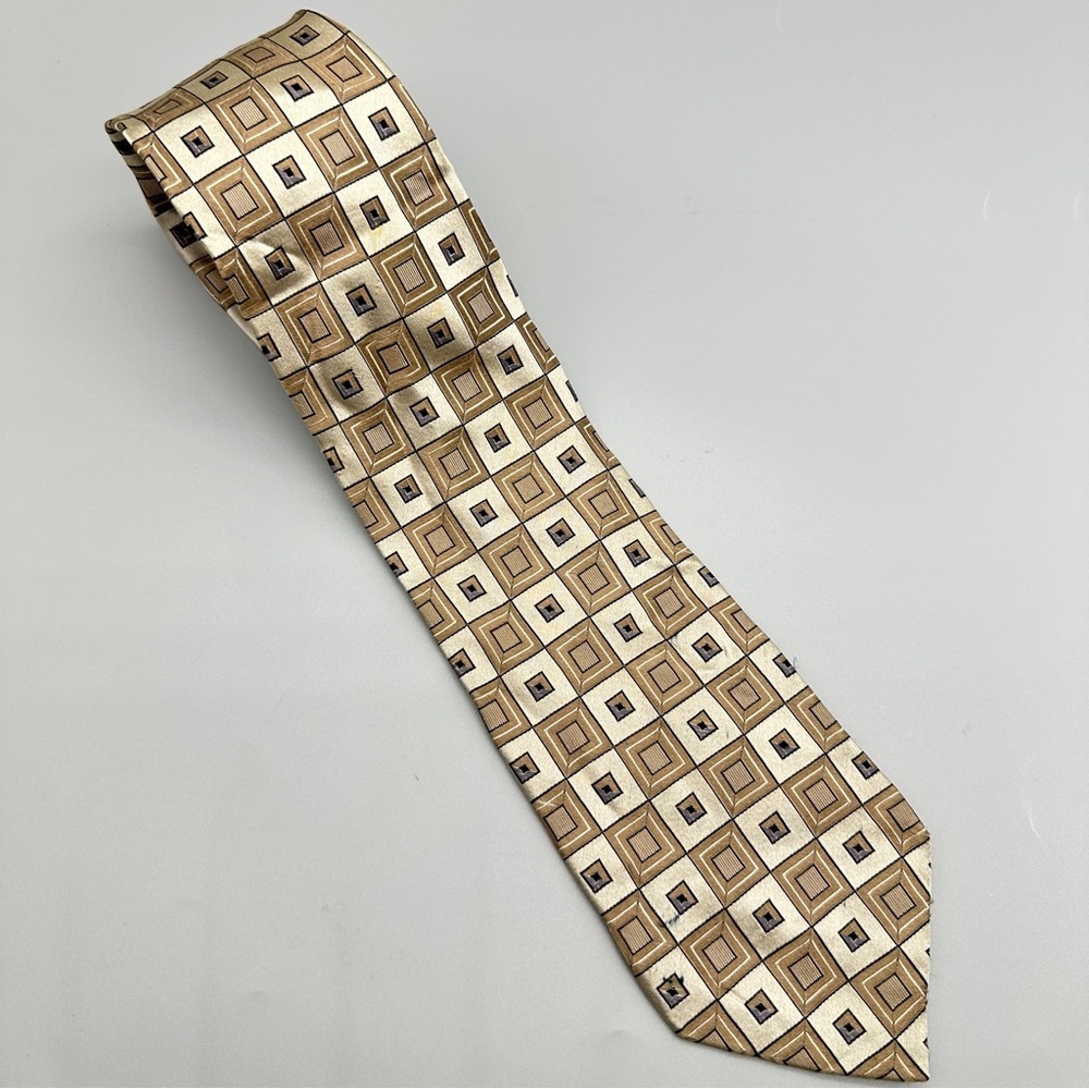 Marilyn Wong Men’s Silk Tie – Beige Brown Geometric Square Pattern Necktie